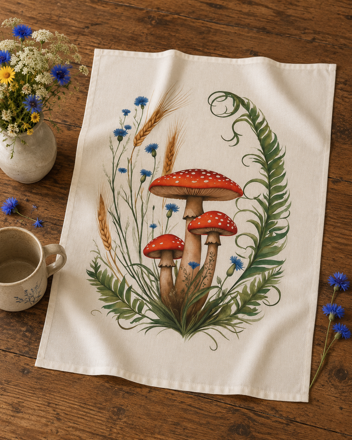 Mushrooms & Ferns Botanical Tea Towel