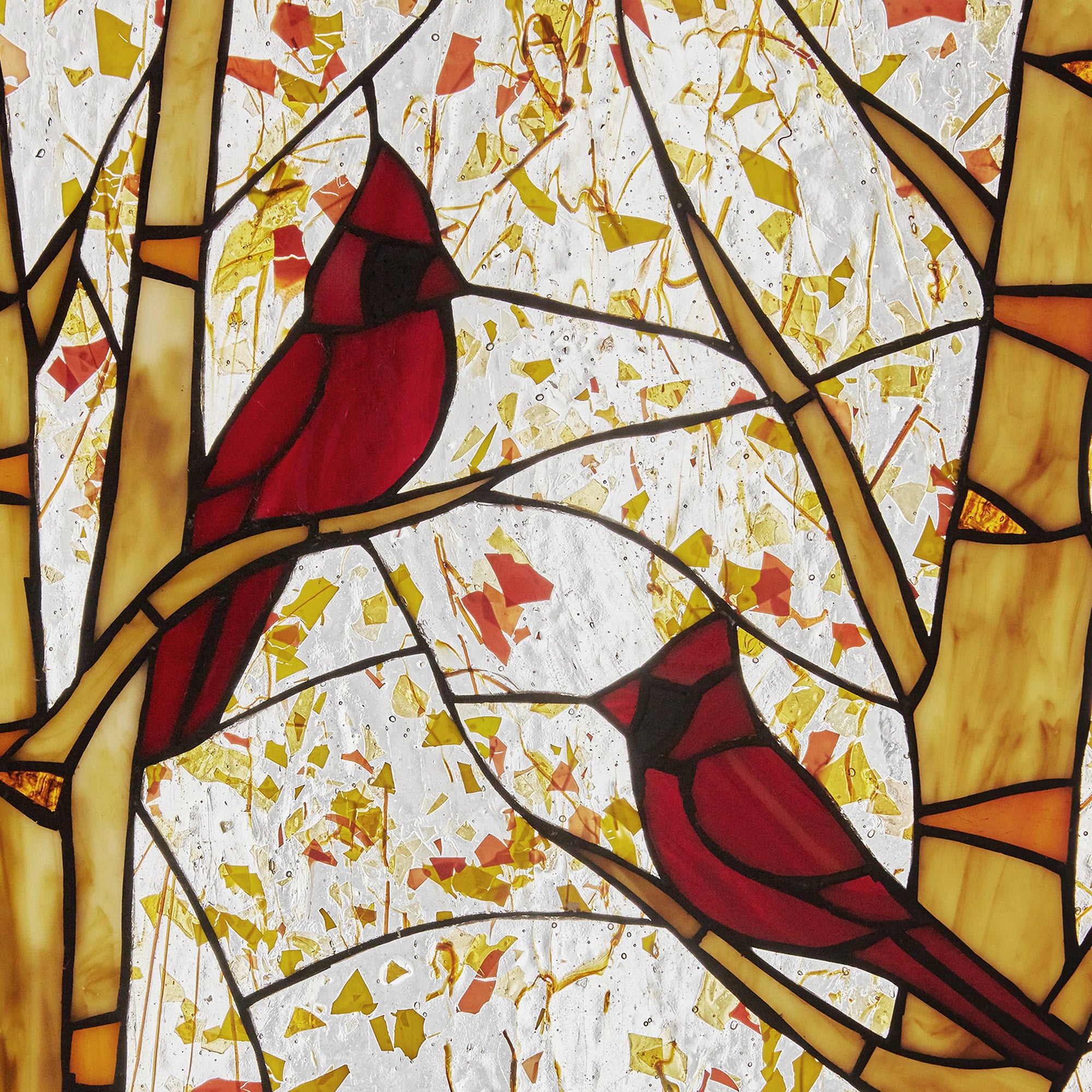 Red Cardinals on Birch Stained Glass Window Panel 14"H