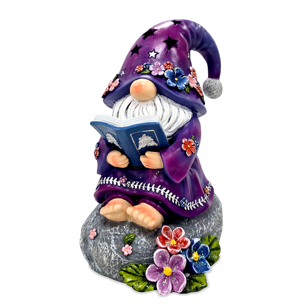 Enchanted Wisdom Solar Book Reader Gnome Figurine, 8" Lighted Lavender Purple Garden Statue