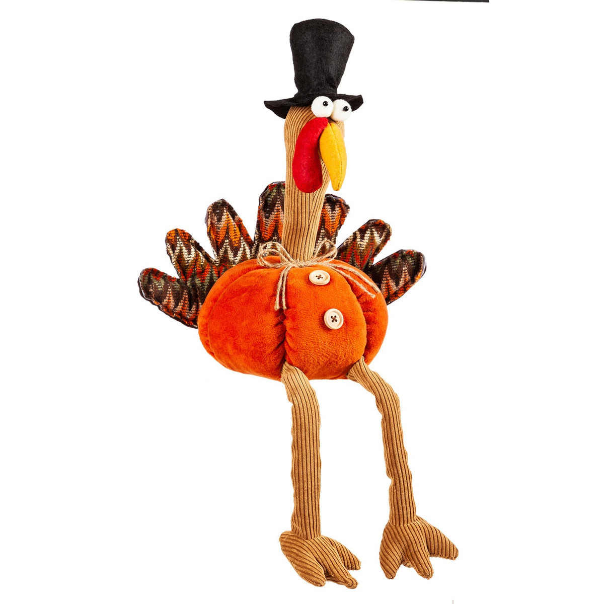 Gobbles, a plush Thanksgiving turkey with a black top hat, orange velvet body, chevron-knit tail feathers and dangling corduroy legs