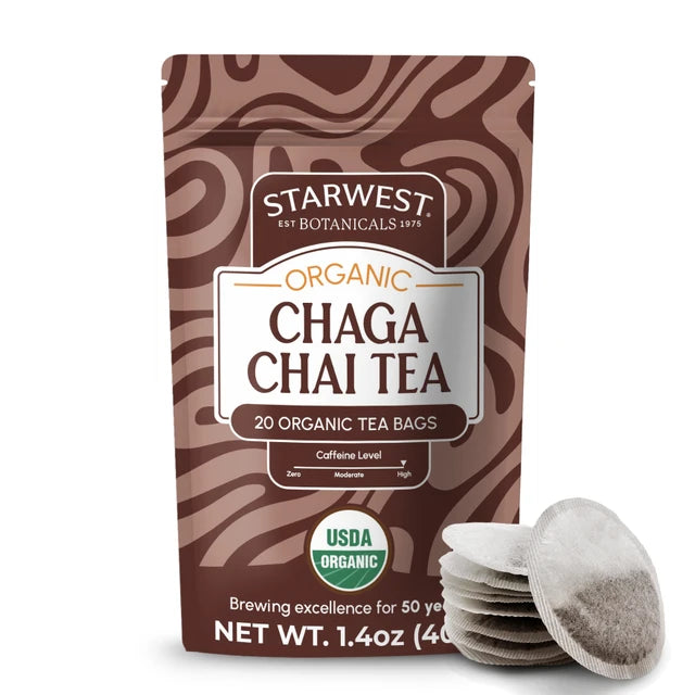 Organic Chaga Chai Tea Bags – Caffeine-Free Herbal Chai Blend | Organic Chaga Mushroom &amp; Warming Spices