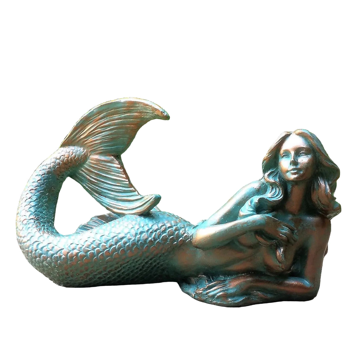 Verdigris-Finish Mermaid Statue| Coastal Pond & Patio Art | Durable Indoor/Outdoor