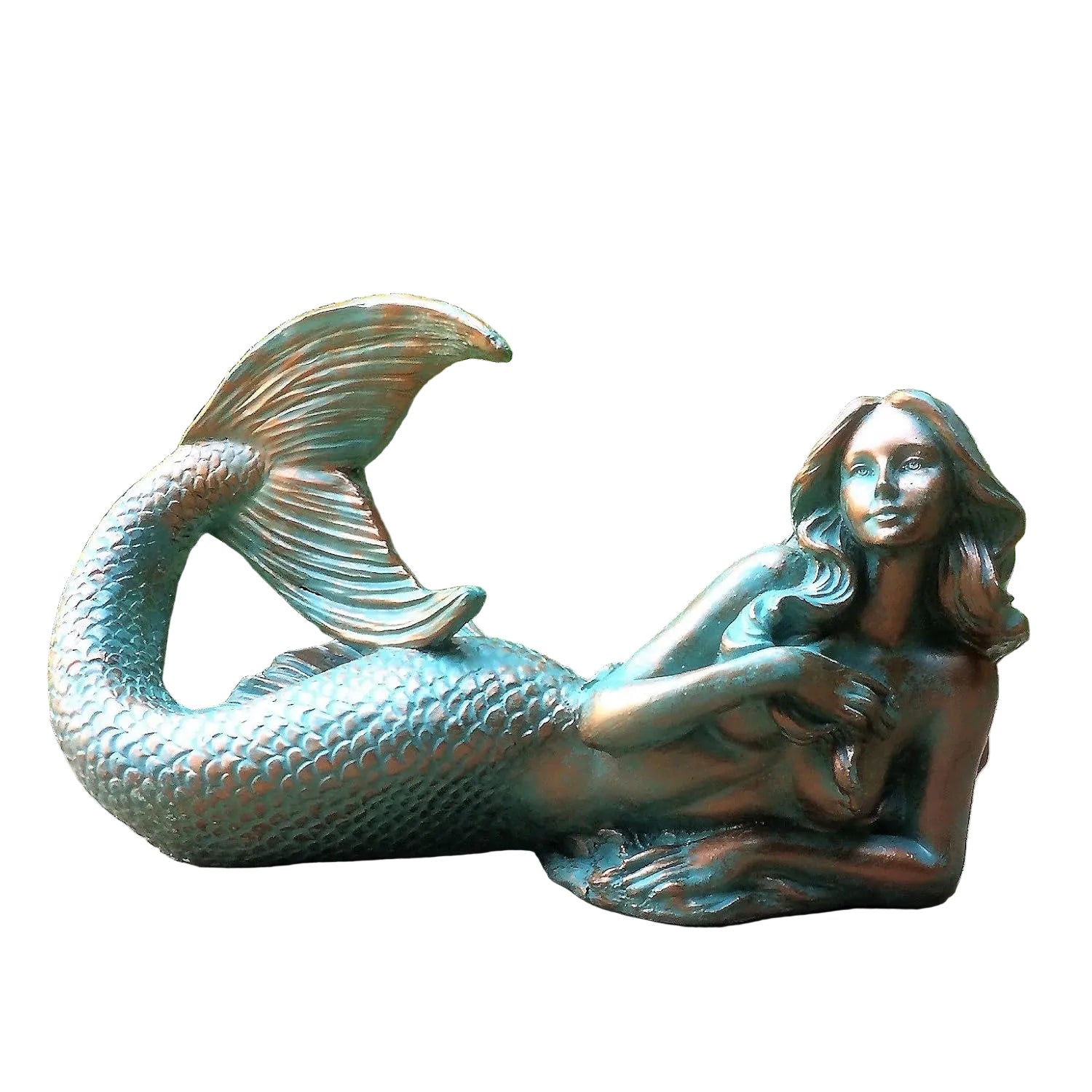 Verdigris-Finish Mermaid Statue| Coastal Pond & Patio Art | Durable Indoor/Outdoor