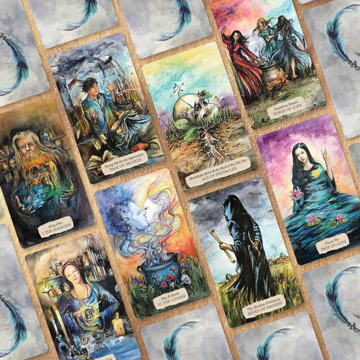 Bonestone & Earthflesh Tarot cards spread out, including The Magician, The Lovers and Ace of Pentacles