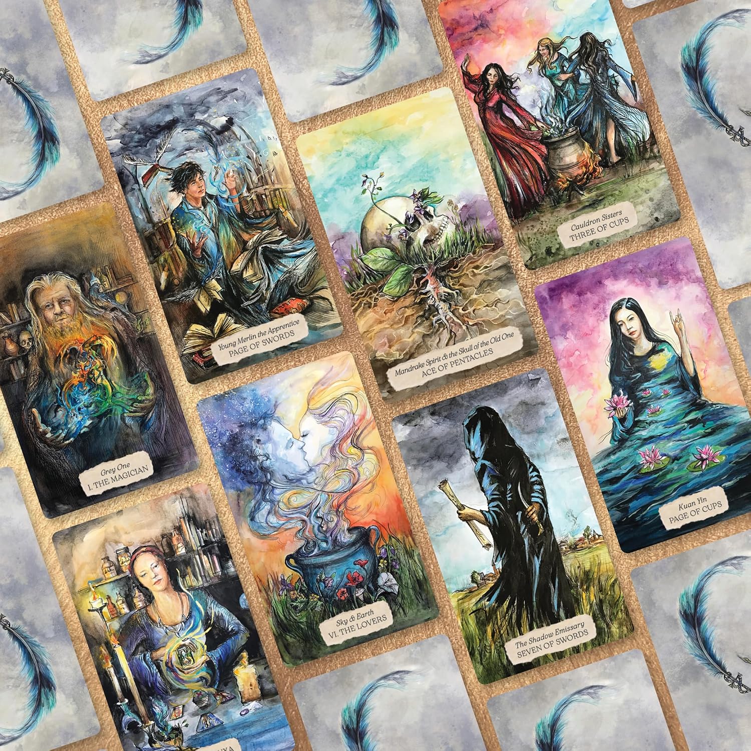 Bonestone & Earthflesh Tarot cards spread out, including The Magician, The Lovers and Ace of Pentacles