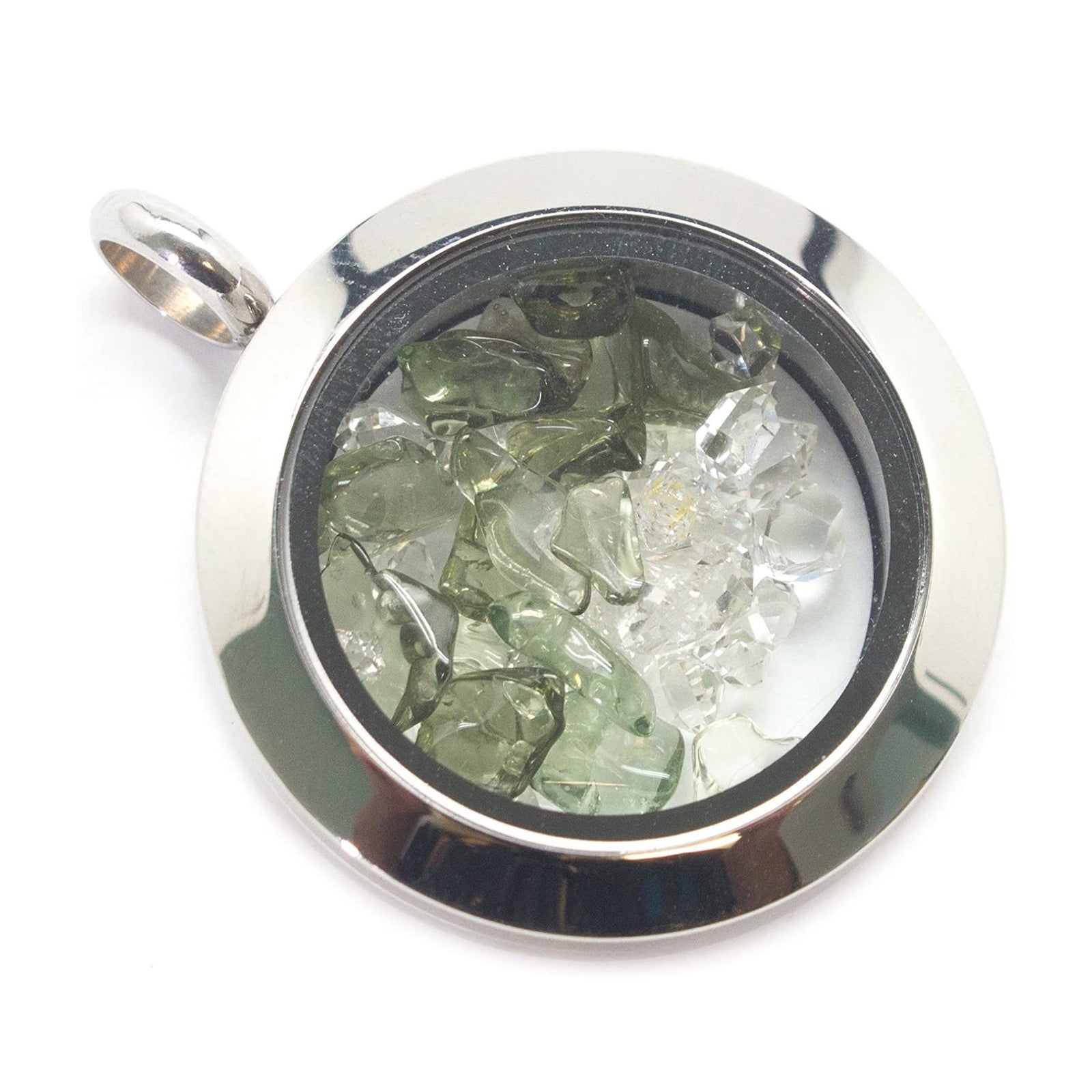 Moldavite and Herkimer Diamond Floating Locket Pendant