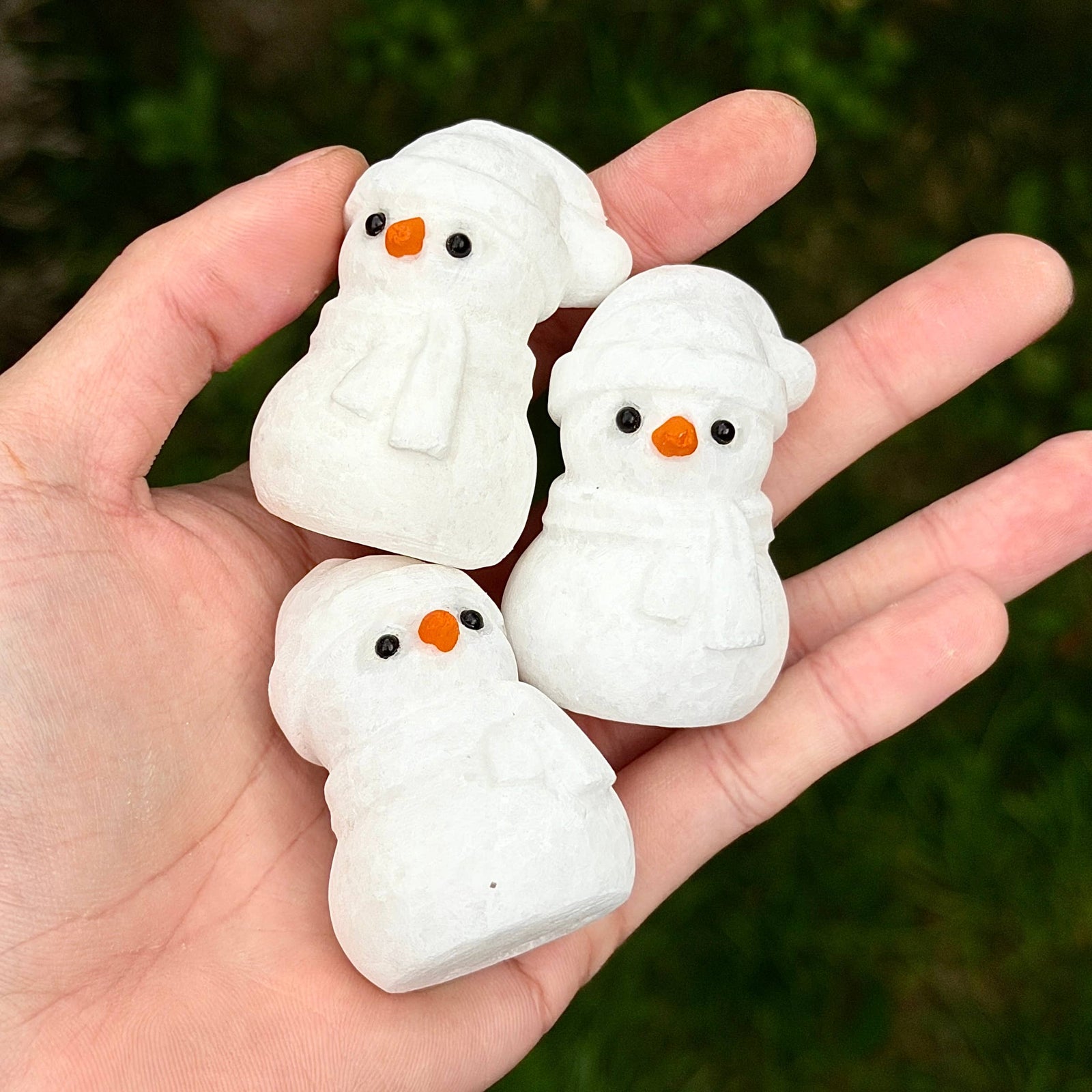 Natural Snow Quartz Snowman Carving with Obsidian Eyes