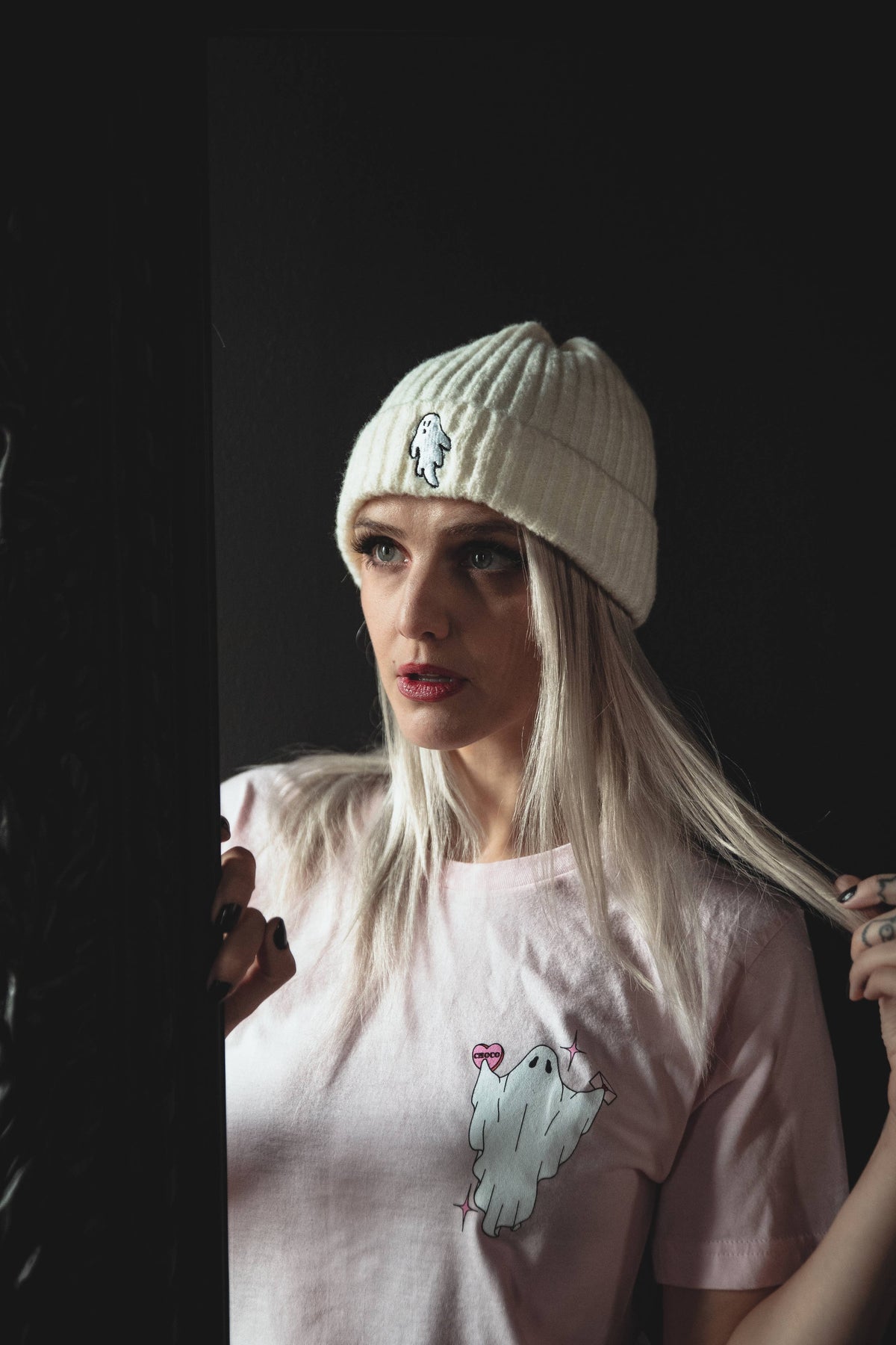 Ghost White | Ghostie Embroidered & Reversible Knit Beanie
