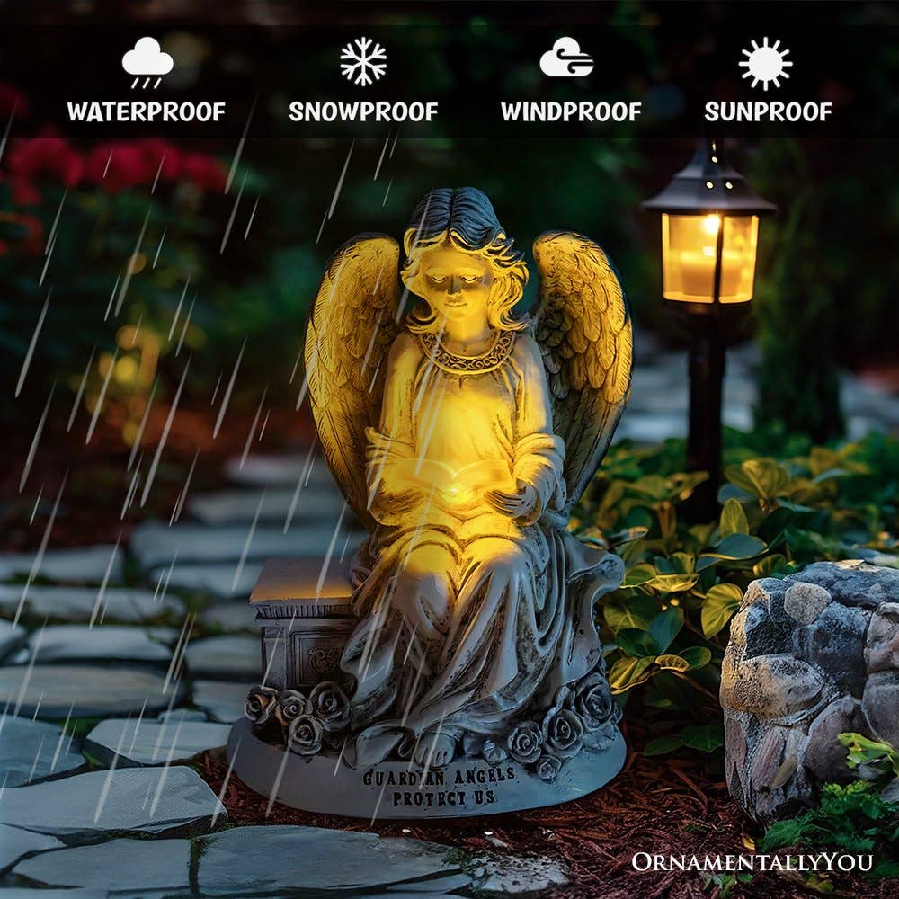 Guardian Angel Reading Book Garden Statue, 10" Solar Powered