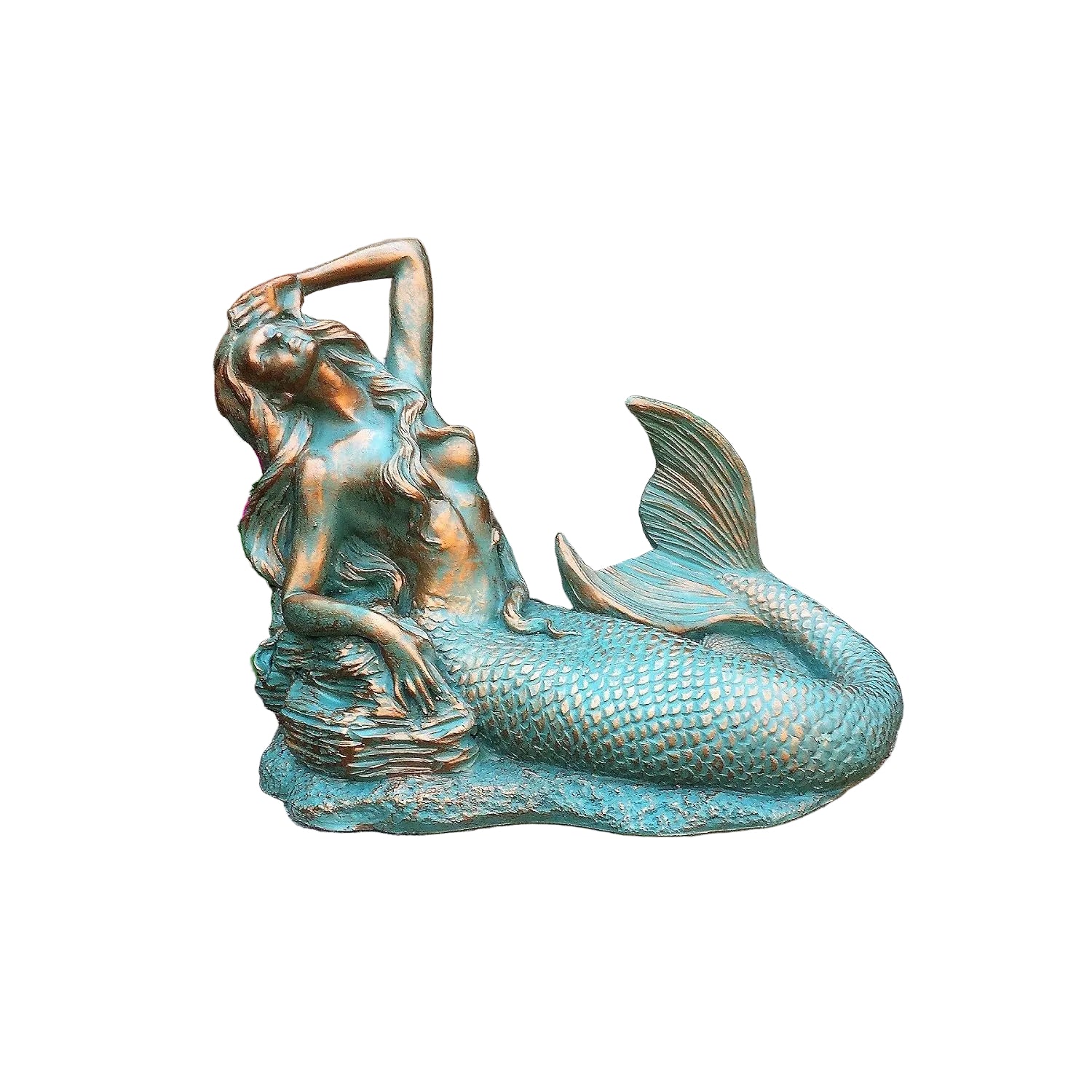 Verdigris-Finish Mermaid Statue| Coastal Pond & Patio Art | Durable Indoor/Outdoor