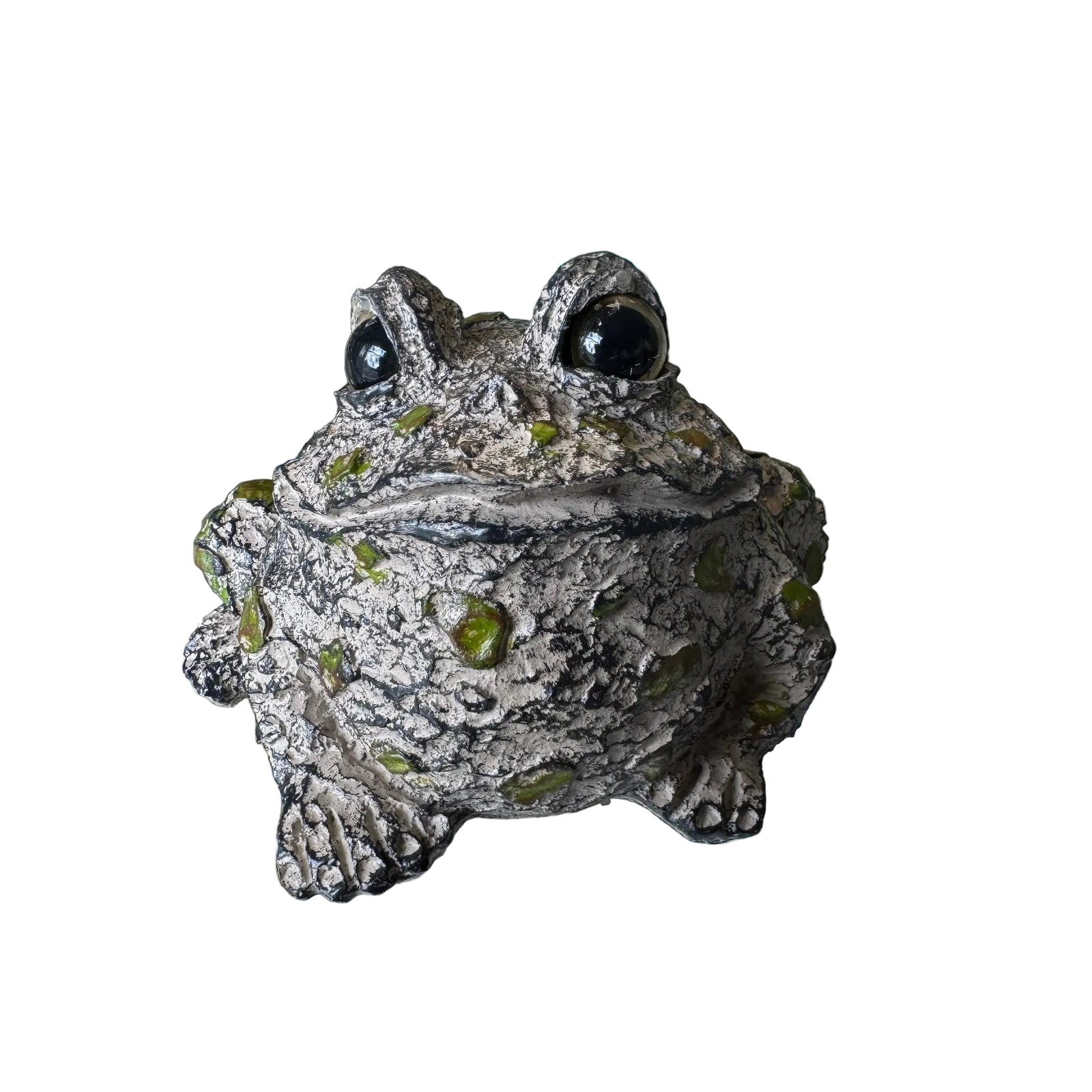 A realistic frog-shaped decorative container or planter with textured gray-brown skin and green accents, displayed on a glass tabletop.