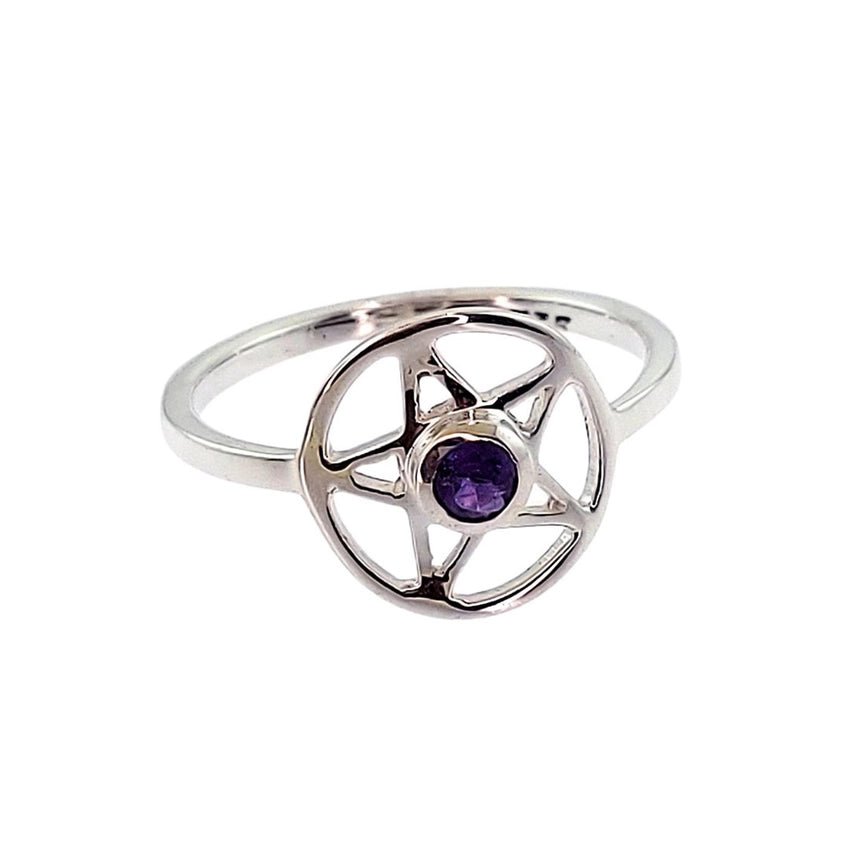 A silver ring featuring a pentagram design with a central round purple gemstone, shown on a plain white background.