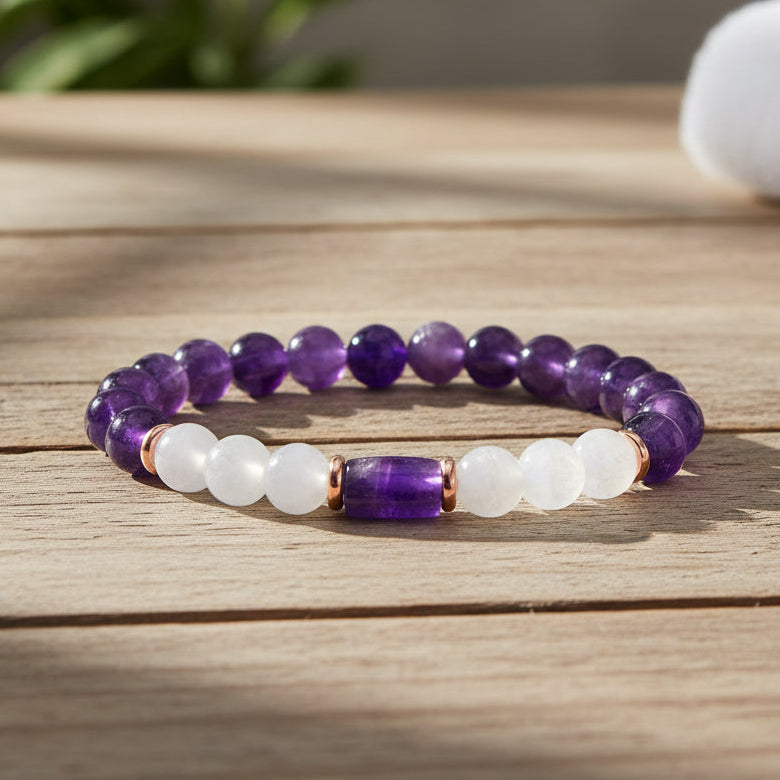 Amethyst & Selenite Bracelet – Cylinder Accent Bead