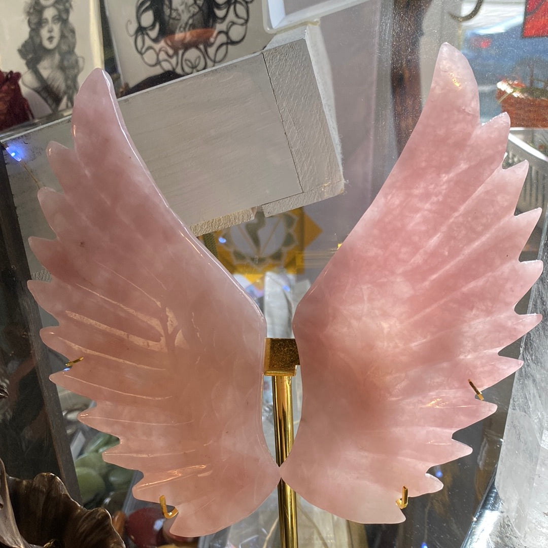 Rose Quartz Angel Wings On Gold Metal Stand (Pair) 6&quot;