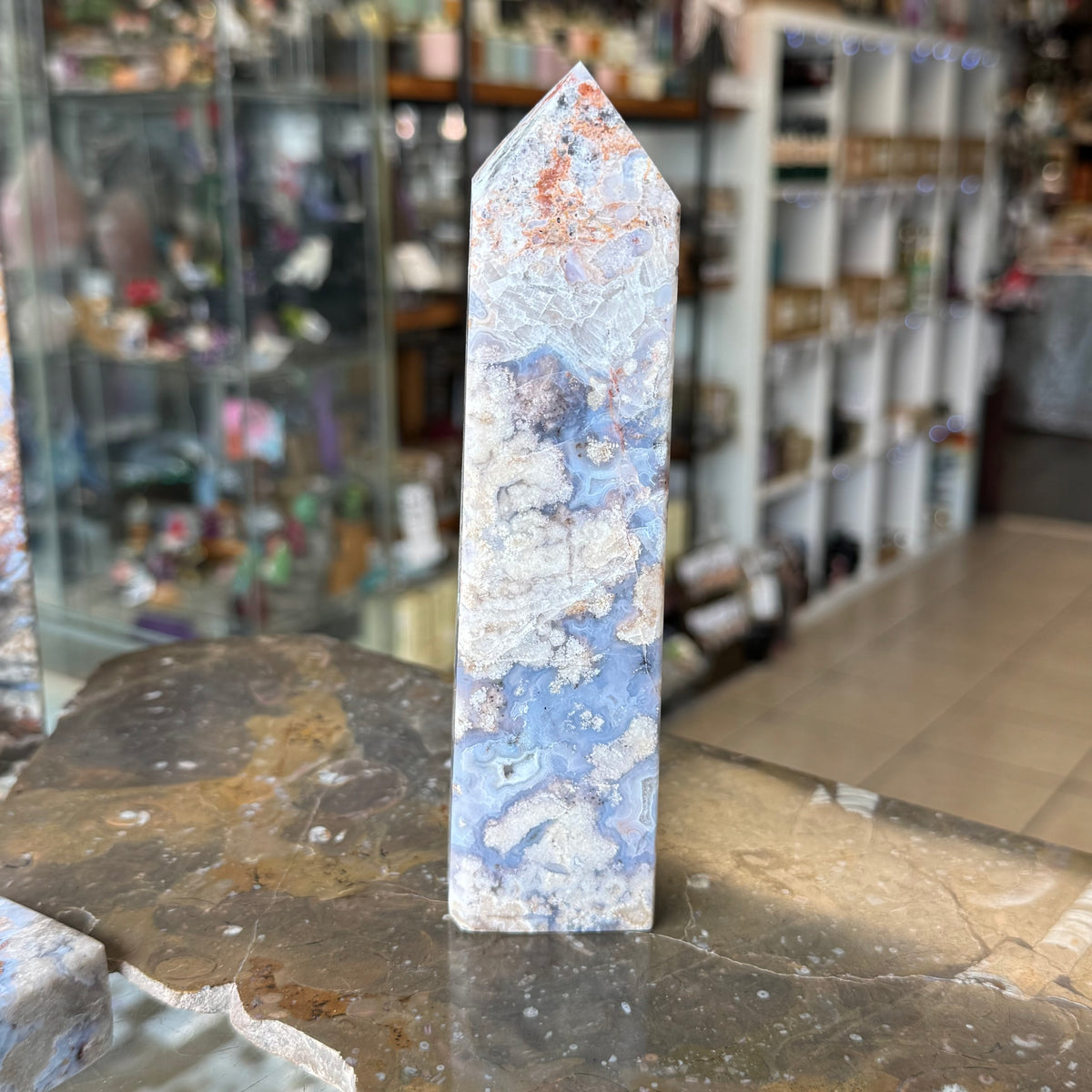 Blue Flower Agate Gemstone Point – Calming Crystal for Healing & Clarity