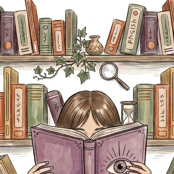Illustration of a woman reading a purple book with an eye on the cover in front of bookshelves