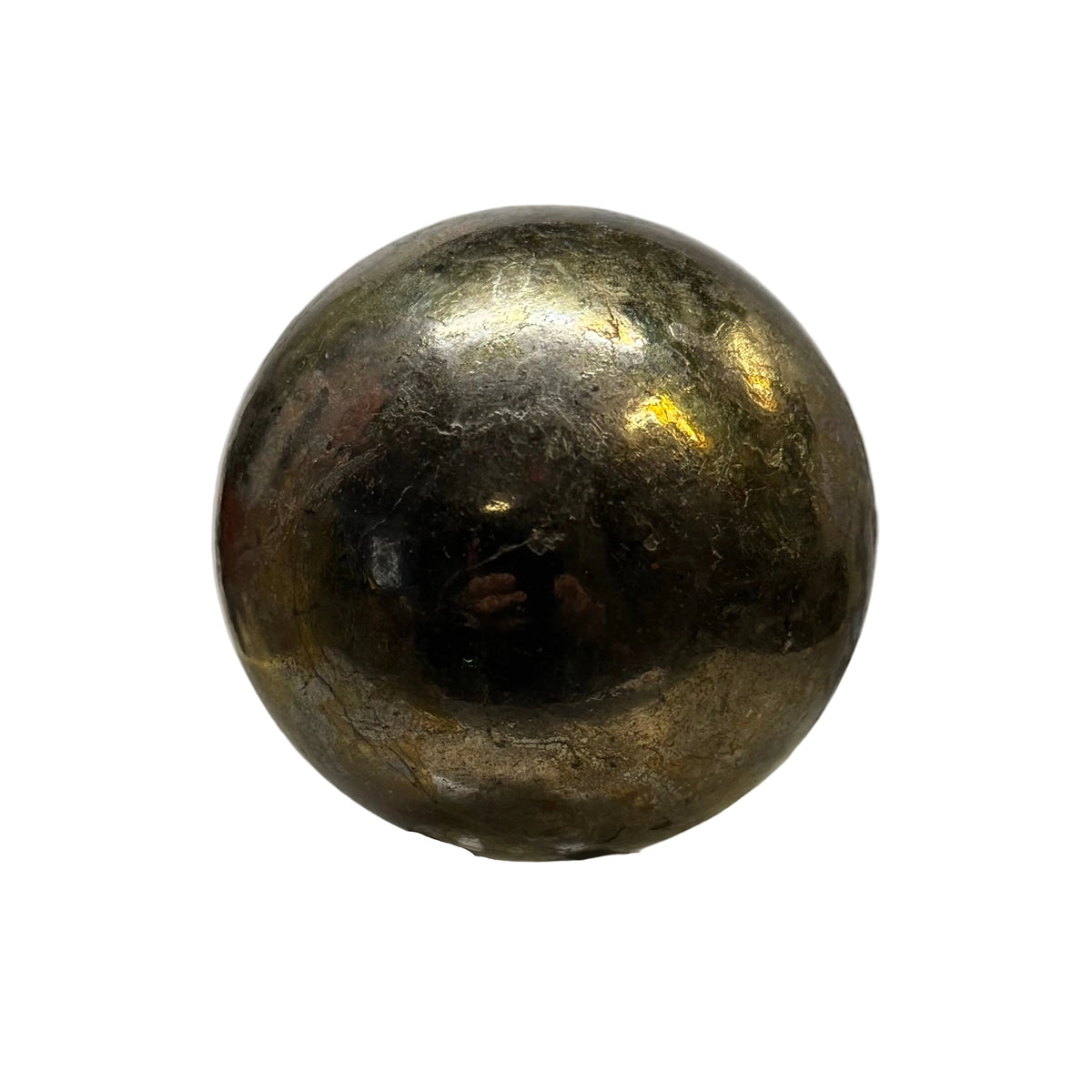 A polished metallic gold sphere resting on a clear acrylic display stand, set against a neutral gray background.