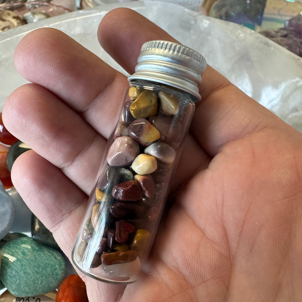Cast a Stone Gemstone Chips in Glass Bottle | 1.5” Assorted Crystals for Altar, Crafts & Gifts