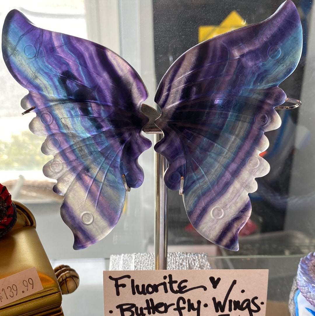Fluorite Butterfly Wings  On Silver Metal Stand (Pair) 4.5&quot;