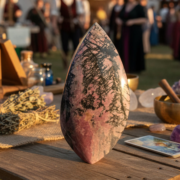 Polished stone with pink and black patterns on a white background