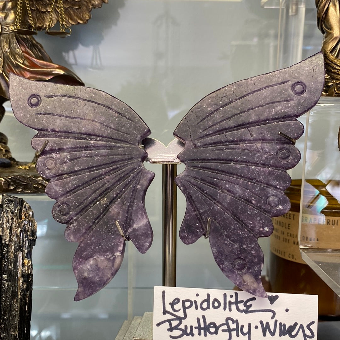 Lepidolite Butterfly Wings On Silver Metal Stand (Pair) 4.5"