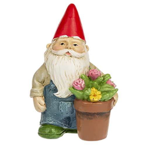 Gnome with blooming flowers in flower pot