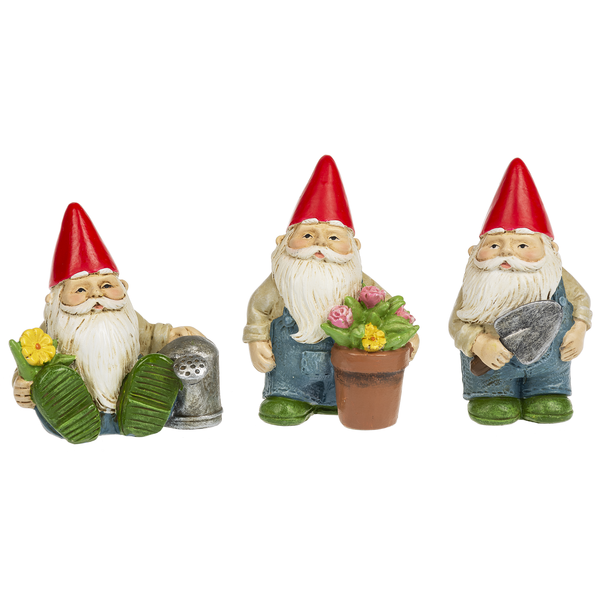 Photo showing the three different styles of the small garden gnome tokens