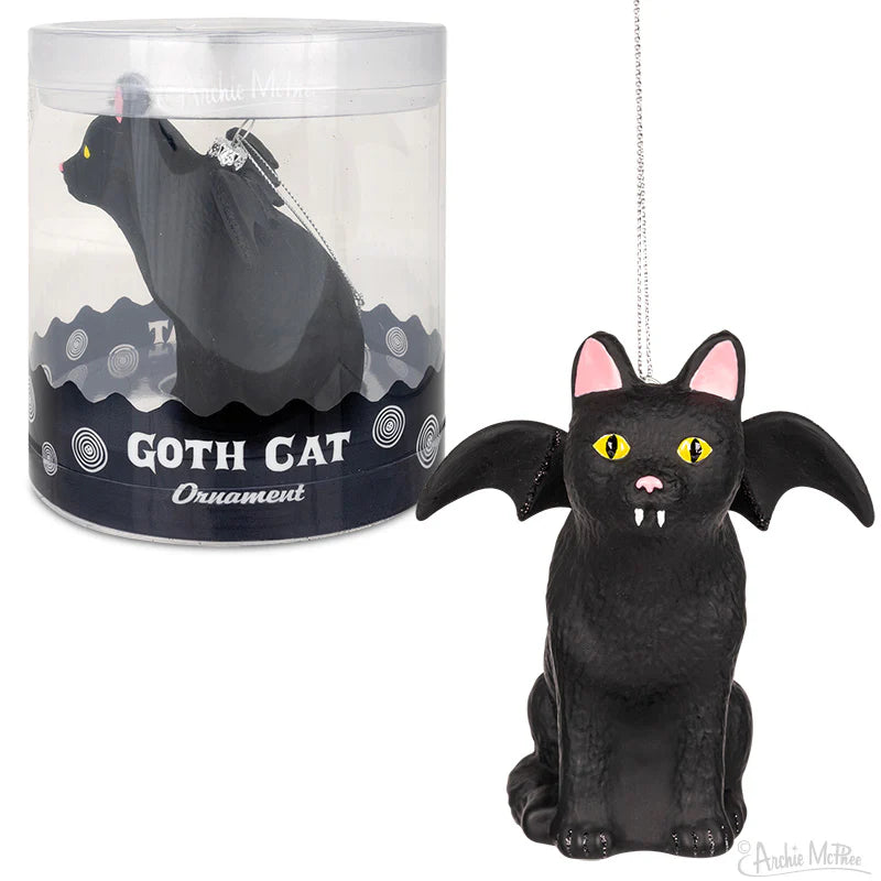 Goth Cat Glass Ornament with Bat Wings – 4 Inch Holiday Decor