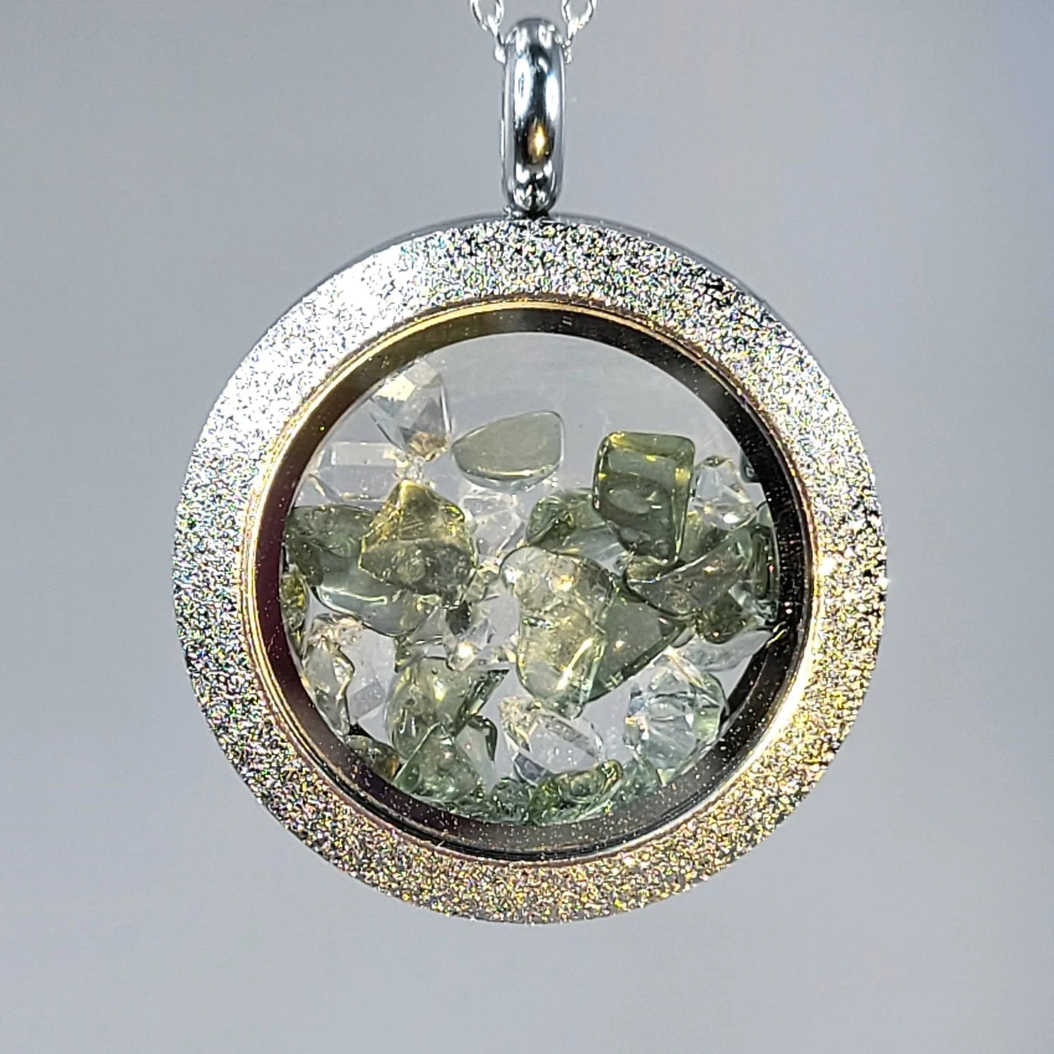 Moldavite and Herkimer Diamond Floating Locket Pendant Cast a Stone