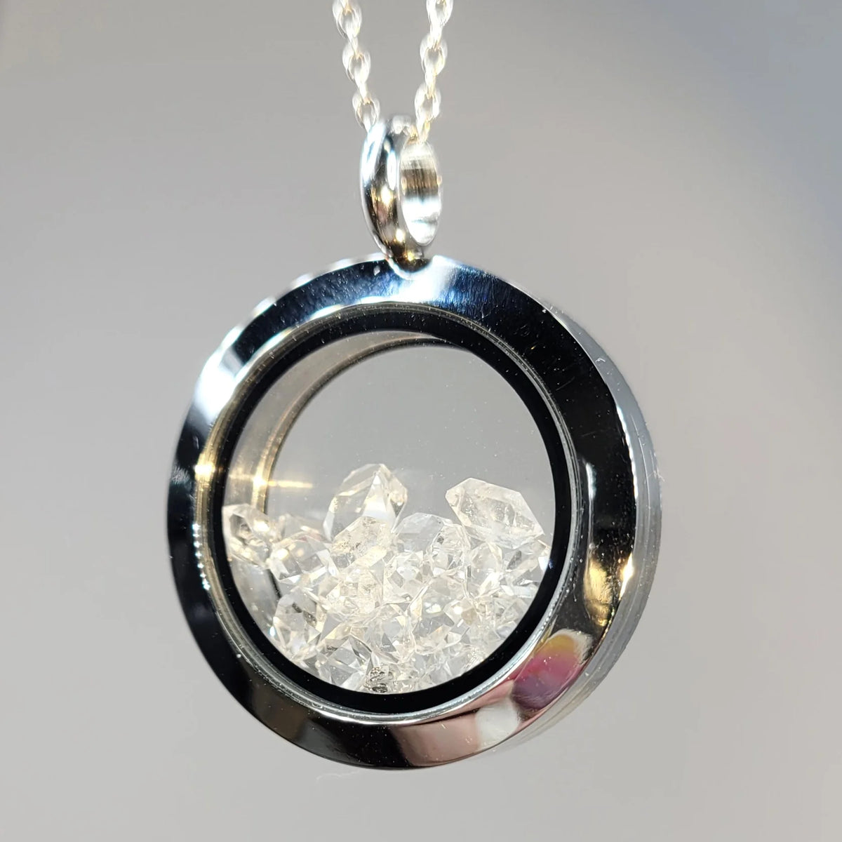 Moldavite and Herkimer Diamond Floating Locket Pendant