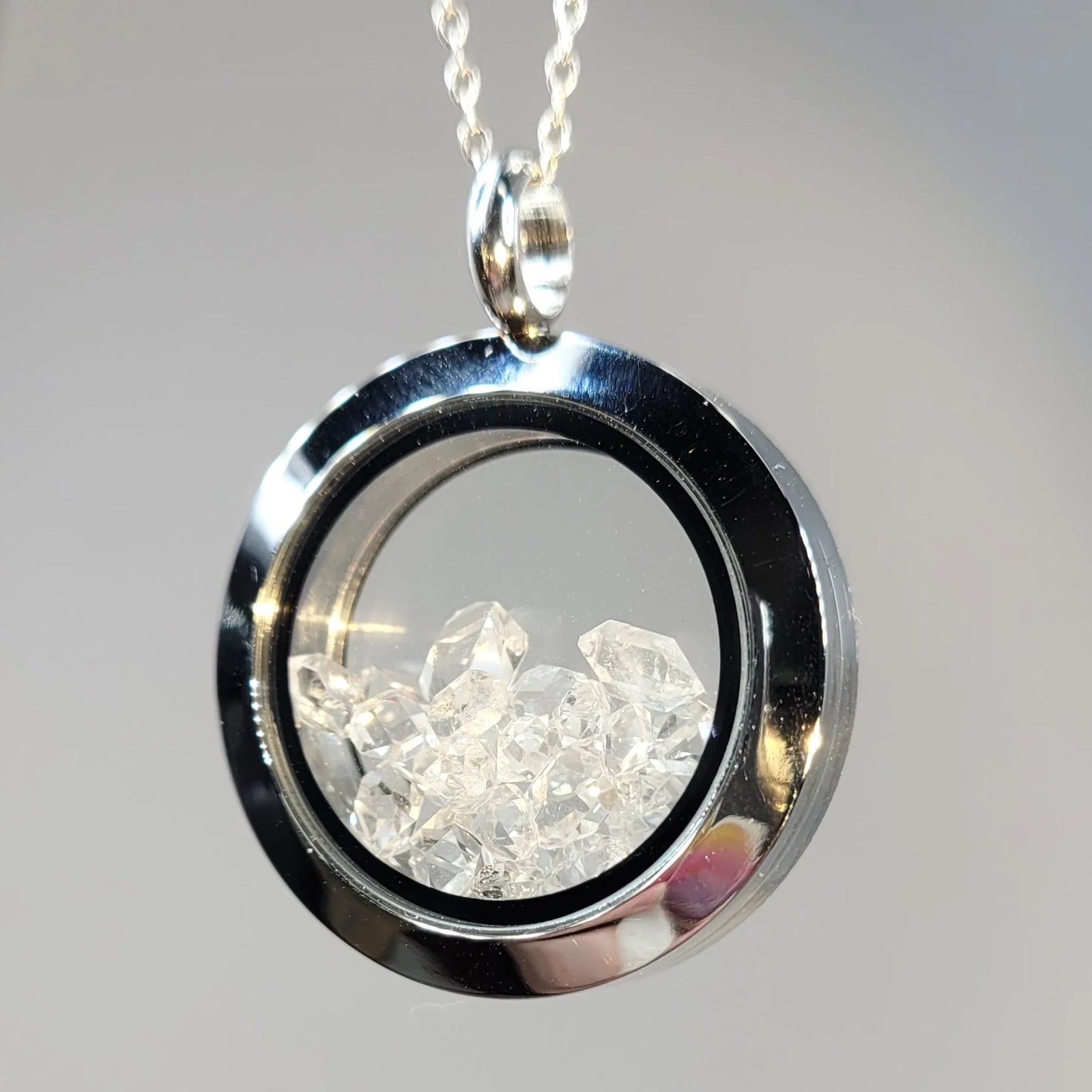 Moldavite and Herkimer Diamond Floating Locket Pendant