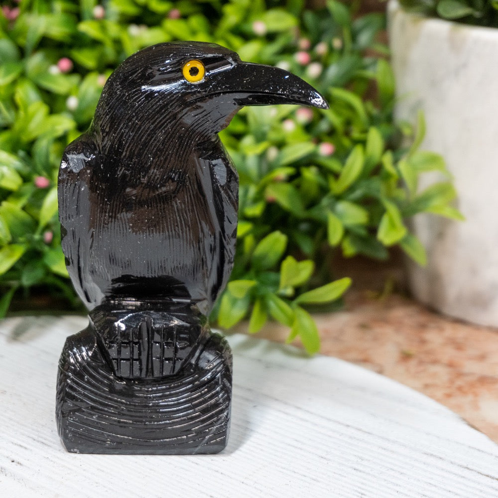 Black Onyx Raven Gemstone Figurine - 3"