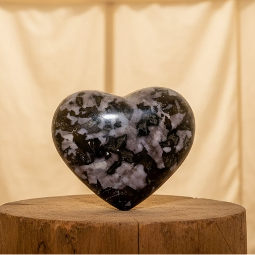 Heart-shaped black and white stone held in a hand with a blurred outdoor background