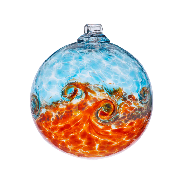 Van Glow 6&quot; Aqua and Orange hand-blown Art Glass Ornament