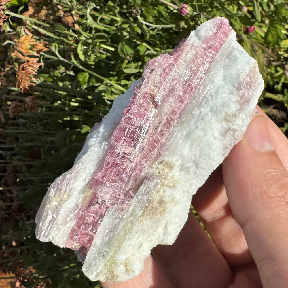 Hand Holding a Pink Tourmaline in Aquamarine and Quartz Matrix