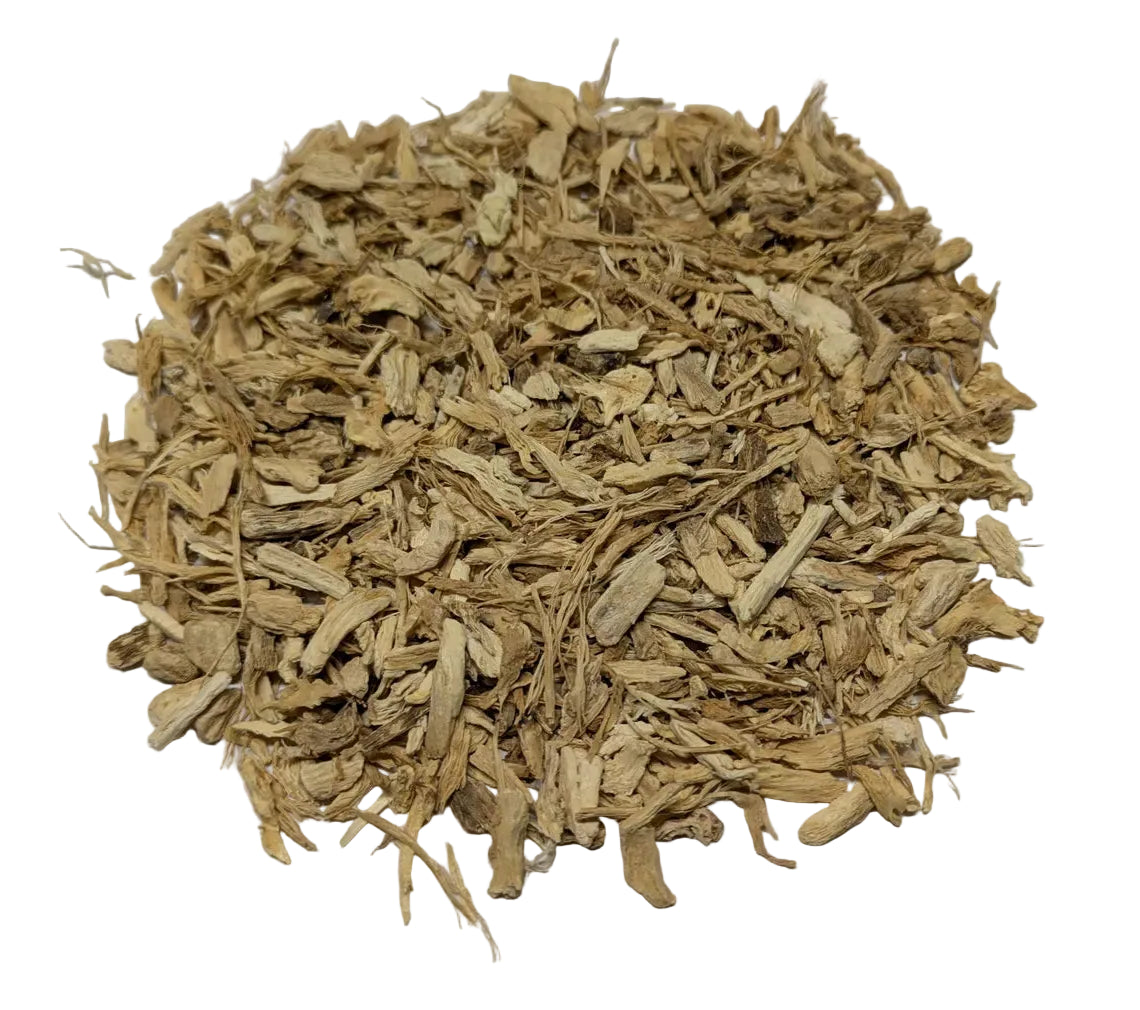A pile of dried, shredded natural plant material, resembling dried roots, bark, or wood shavings, photographed on a plain off-white background.