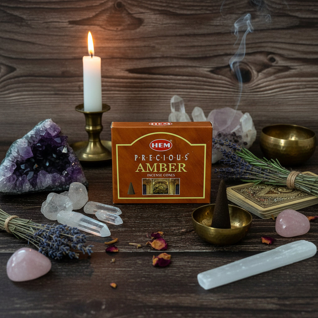 Box of HEM Precious Amber incense cones on a wooden surface with an incense cone in front.