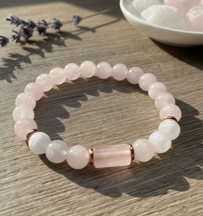 Rose Quartz & Selenite Bracelet – Cylinder Accent Bead