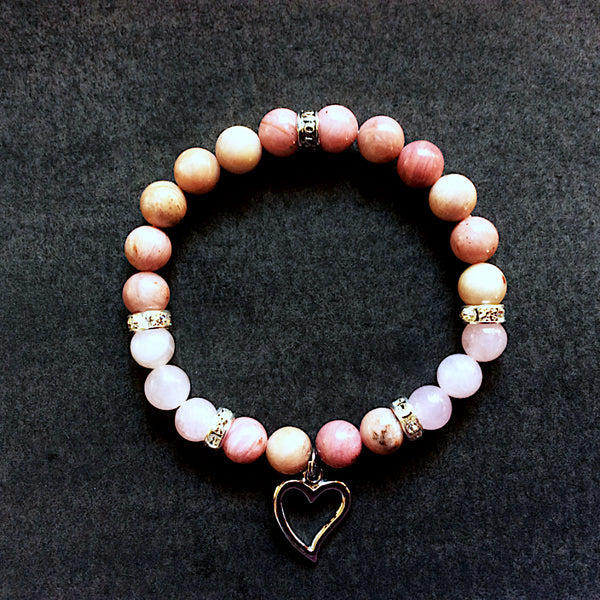 Rhodonite Rose Quartz Stretch Bracelet 8Mm W/ Heart Charm Cast