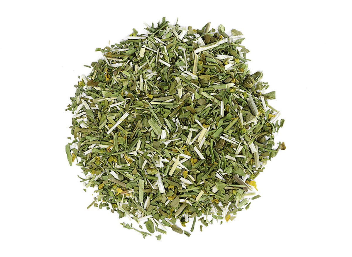 Dry herb mix on a white background
