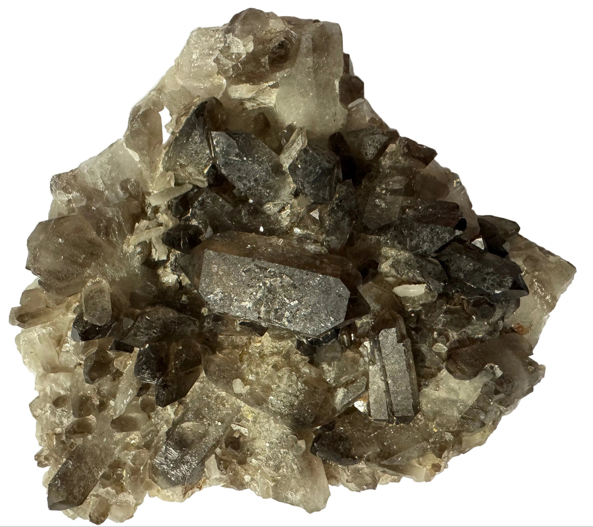 Mineral sample with crystal formations on a white background