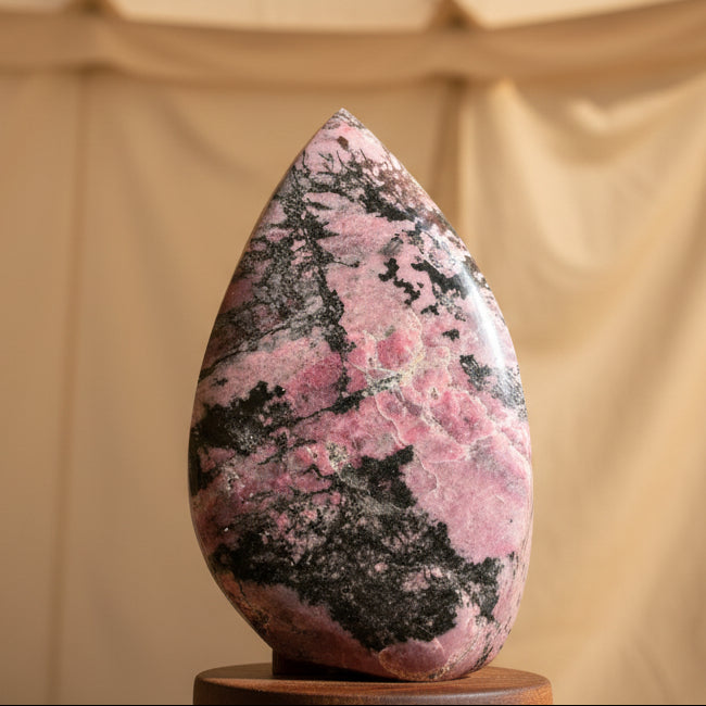 Polished stone with pink and black patterns on a white background