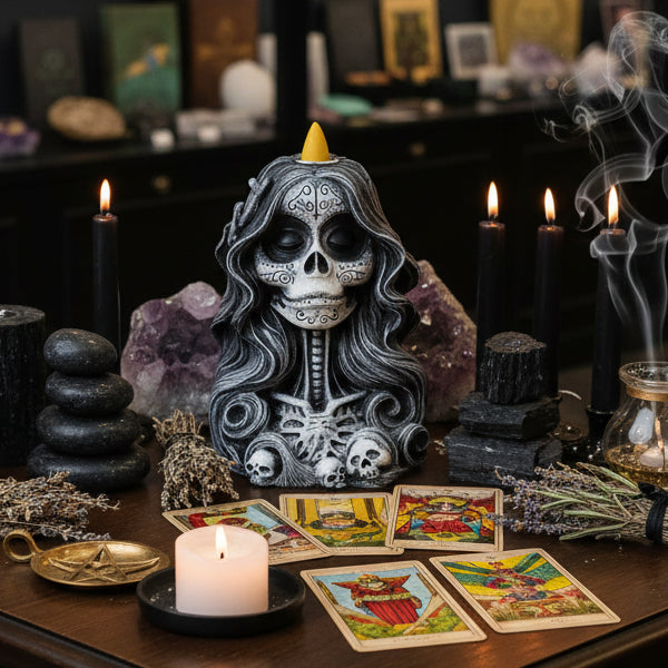 Decorative skull figurine with long hair and a yellow candle on a white background