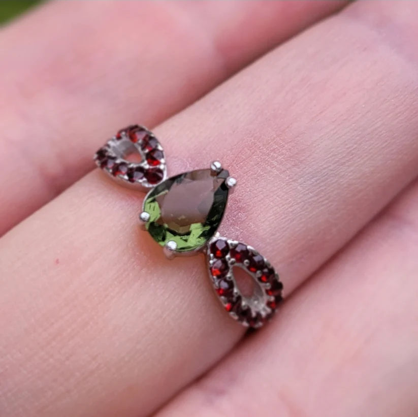 Moldavite and Czech Garnet Ring