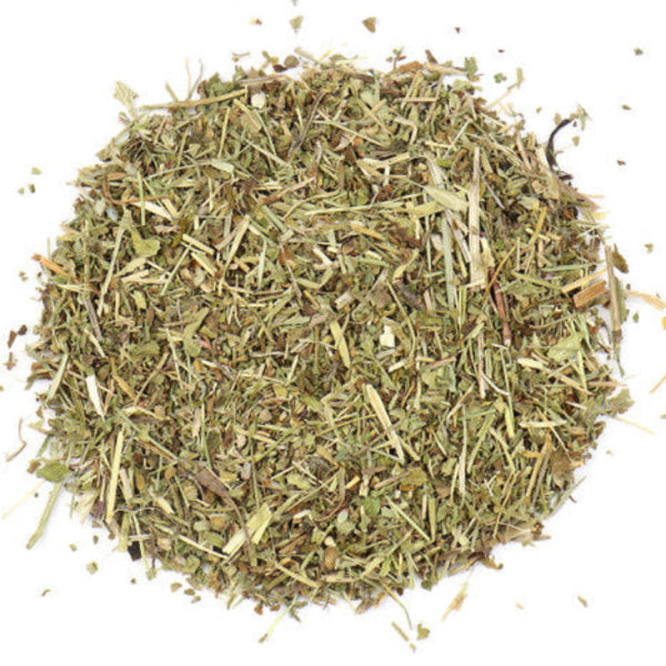 Dry herb mix on a white background