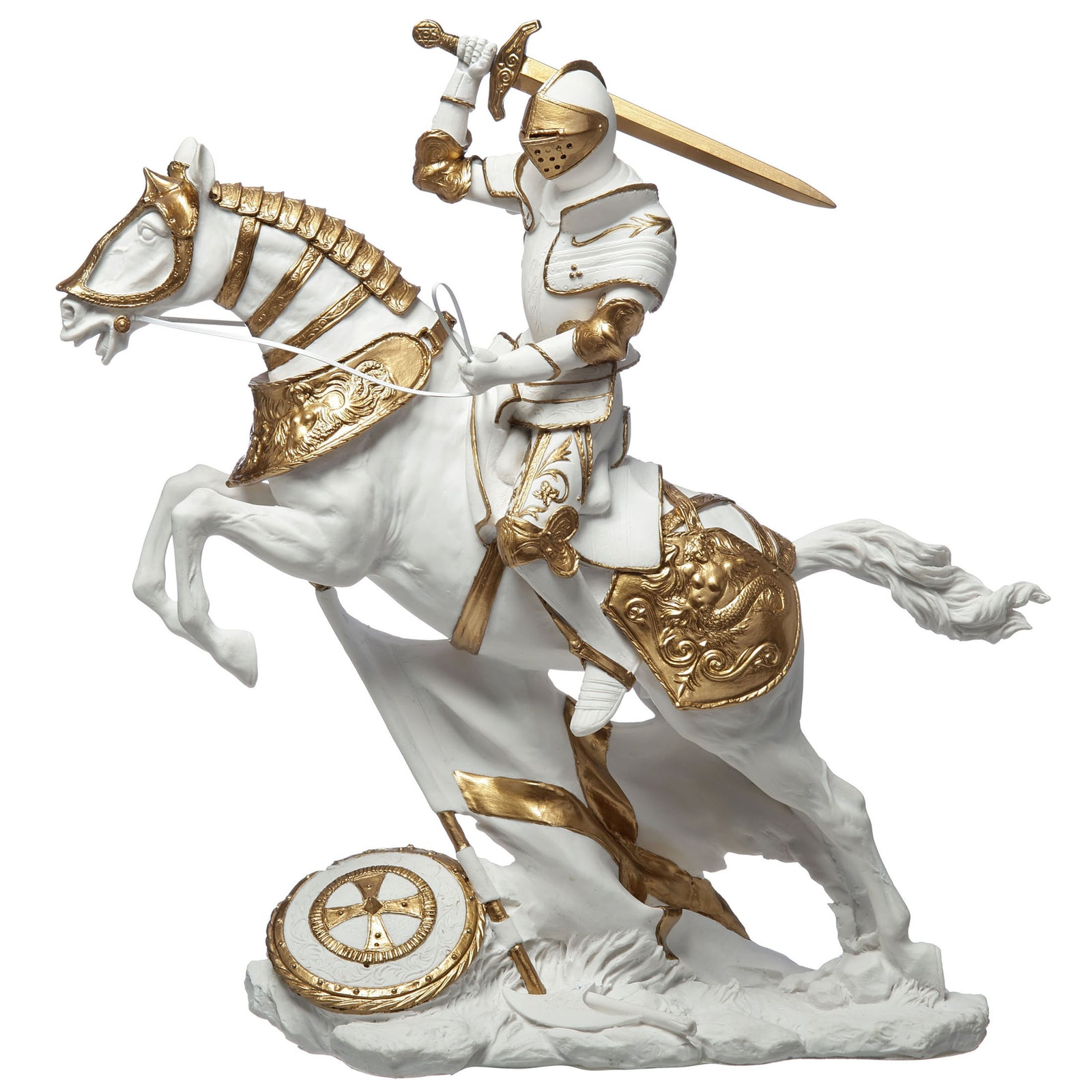 Medieval Knight Statue Cavalry Charge Figurine White Gold Gothic Decor Warrior Sculpture Fantasy Collectible Gift