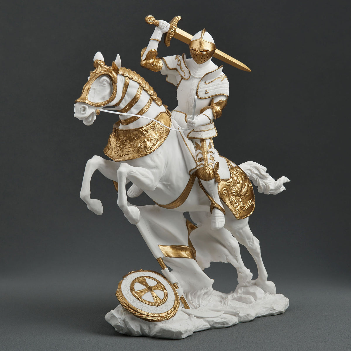 Medieval Knight Statue Cavalry Charge Figurine White Gold Gothic Decor Warrior Sculpture Fantasy Collectible Gift
