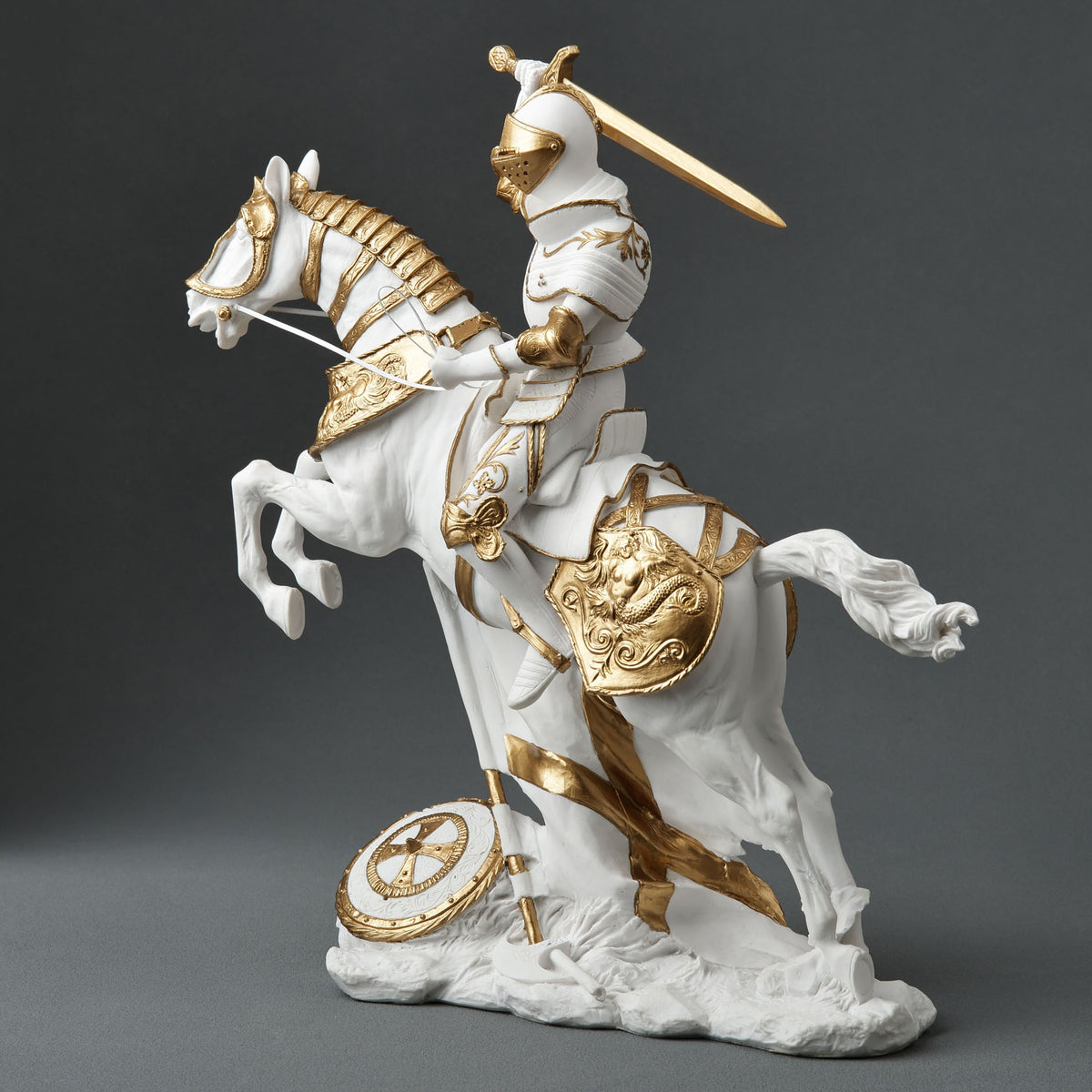 Medieval Knight Statue Cavalry Charge Figurine White Gold Gothic Decor Warrior Sculpture Fantasy Collectible Gift