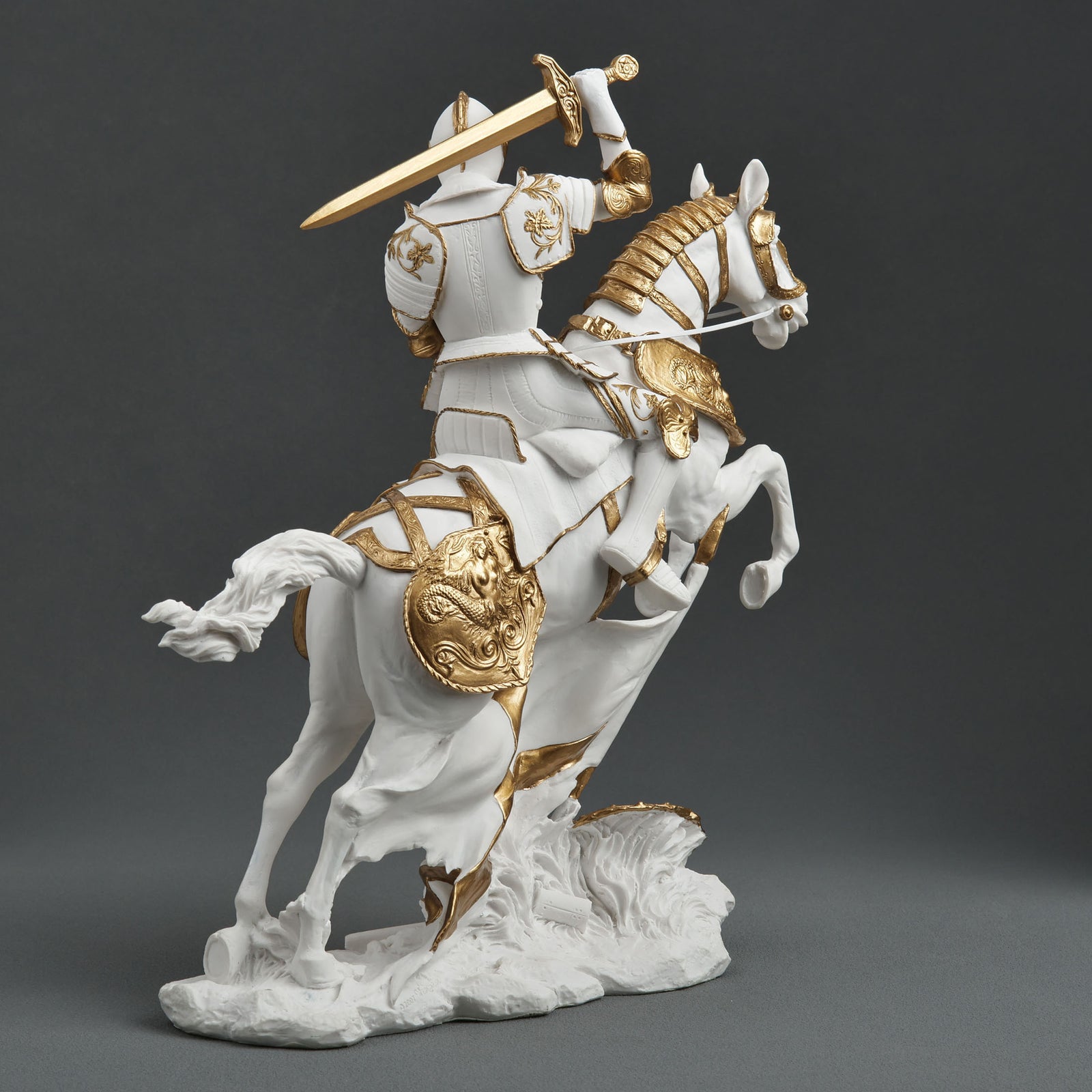Medieval Knight Statue Cavalry Charge Figurine White Gold Gothic Decor Warrior Sculpture Fantasy Collectible Gift