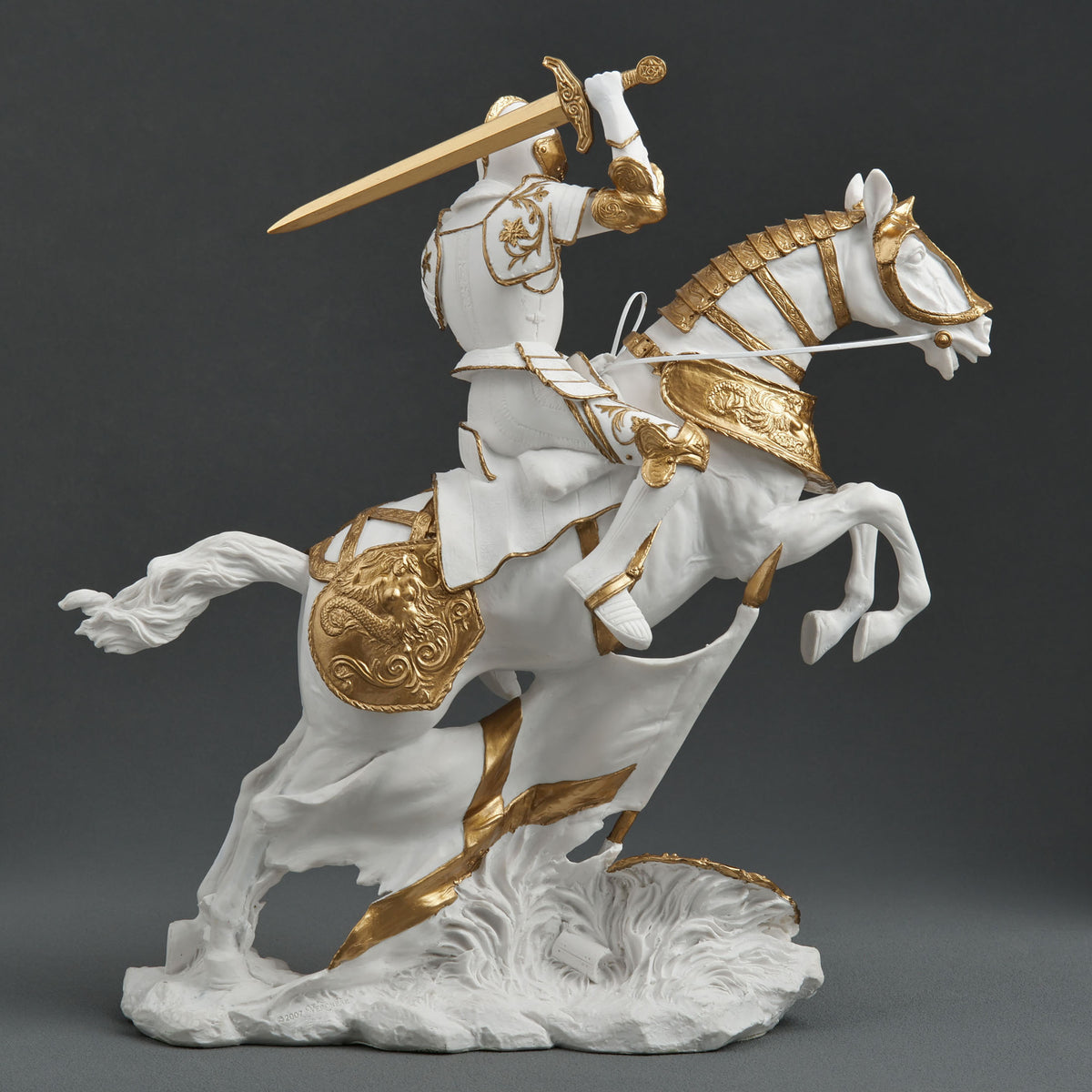 Medieval Knight Statue Cavalry Charge Figurine White Gold Gothic Decor Warrior Sculpture Fantasy Collectible Gift